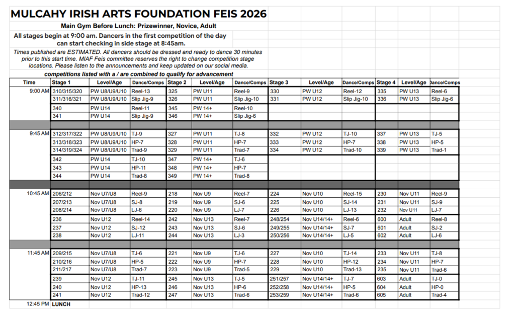 Feis Schedule 2027